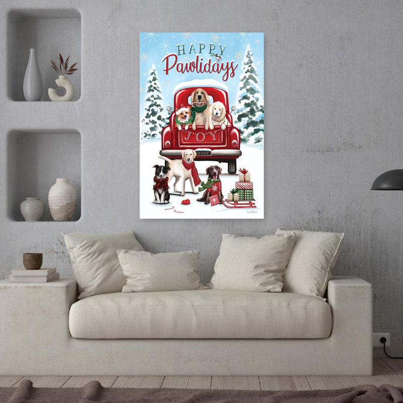 «Happy Pawlidays Dogs», art contemporain abstrait avec paysage de chien, H 36 po x l 24 po