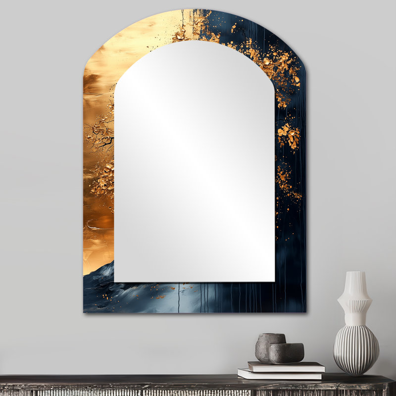 Simplicité dorée en noir arbre africain III - Miroir mural arqué traditionnel, 34 po x 25 po