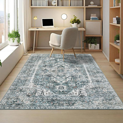 Washable 8x10 Vintage Area Rug for Living Room Low Pile Soft Bedroom Carpet Vintage Distressed Trellis Indoor Accent Rug for Bedroom Dining Room Foldable Thin Nursery Carpet, Teal