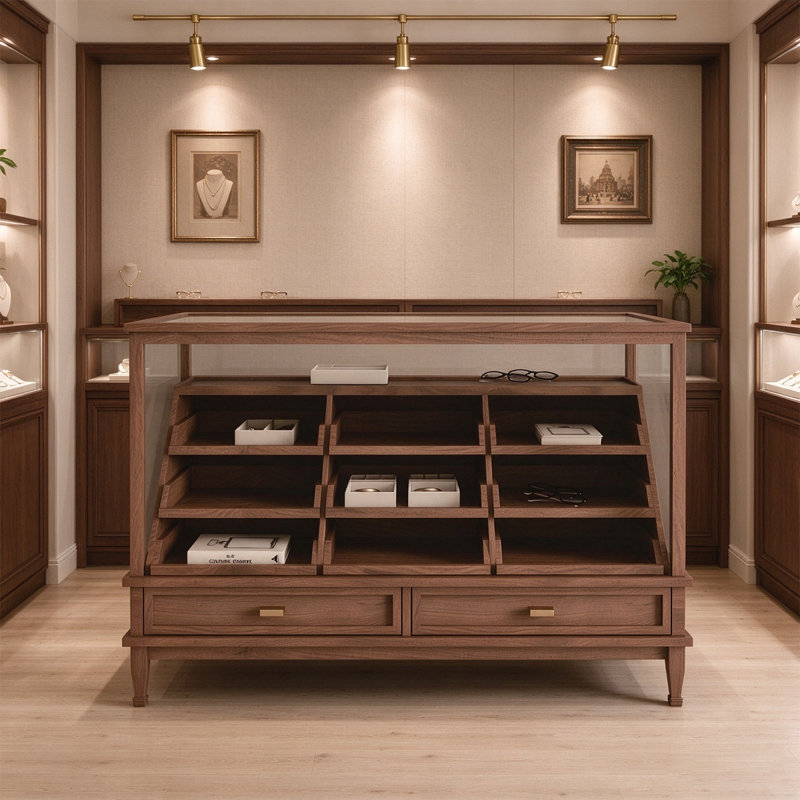 Nut-brown Solid Manufactured Wood Jewelry Display Storage Cabinet with drawer-style storage compartments