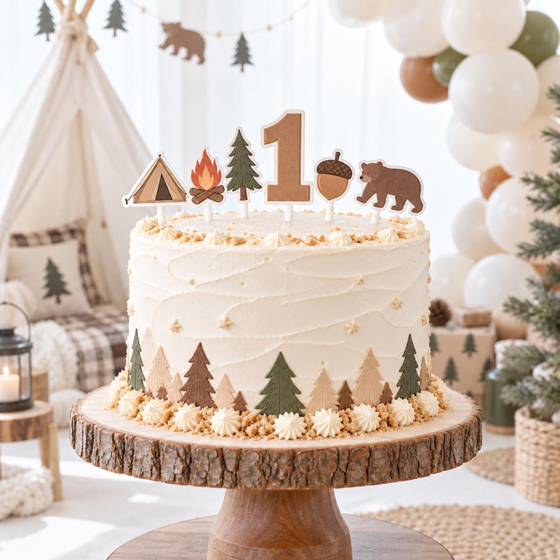 Fall Camping Adventure Cake Topper Set, Custom Age Cardstock Decor (Age: 7), 7
