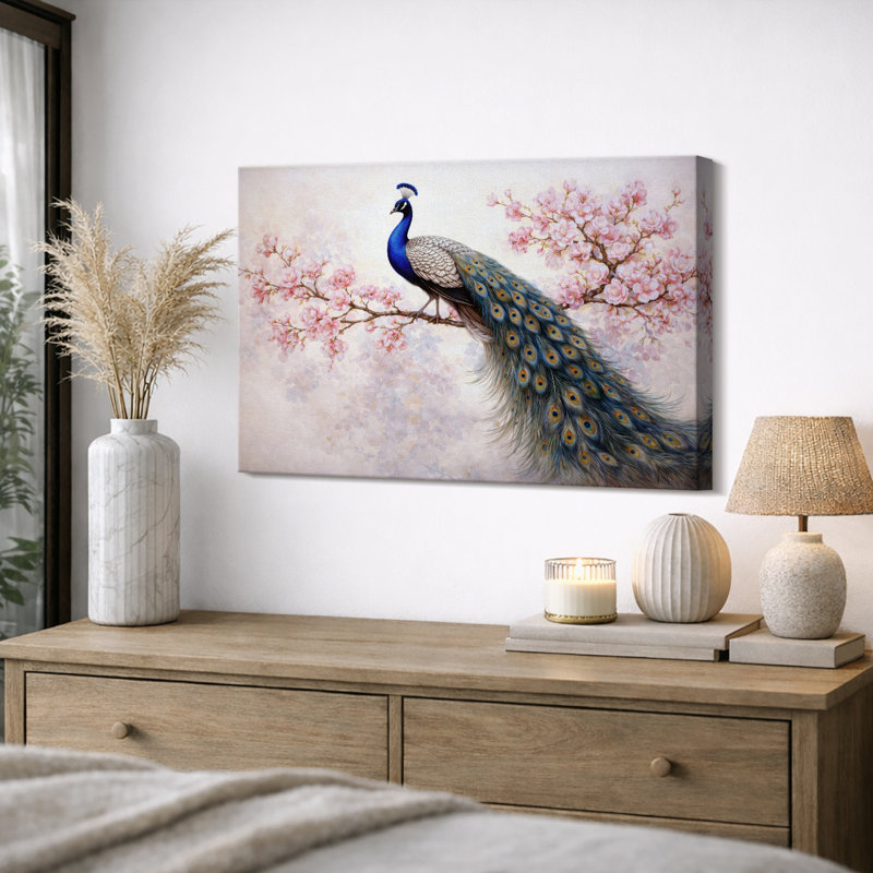 Paon, impression de branche florale, impression sur toile encadrée, Toile tendue, H 12 po x l 18 po x P 1,5 po