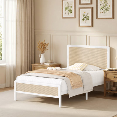 Metal Bed Frame with Rattan Headboard