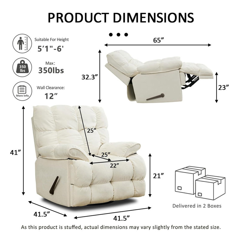 41.5" Wide Upholstered Manual Recliner, Oversized Swivel Rocker Recliner Chair, White