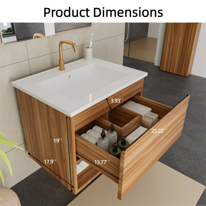 Meuble-lavabo suspendu moderne en noyer de 61 cm (24 po) avec cannelures – Lavabo en céramique avec installation brevetée en 1 minute, tiroirs peu encombrants à fermeture douce