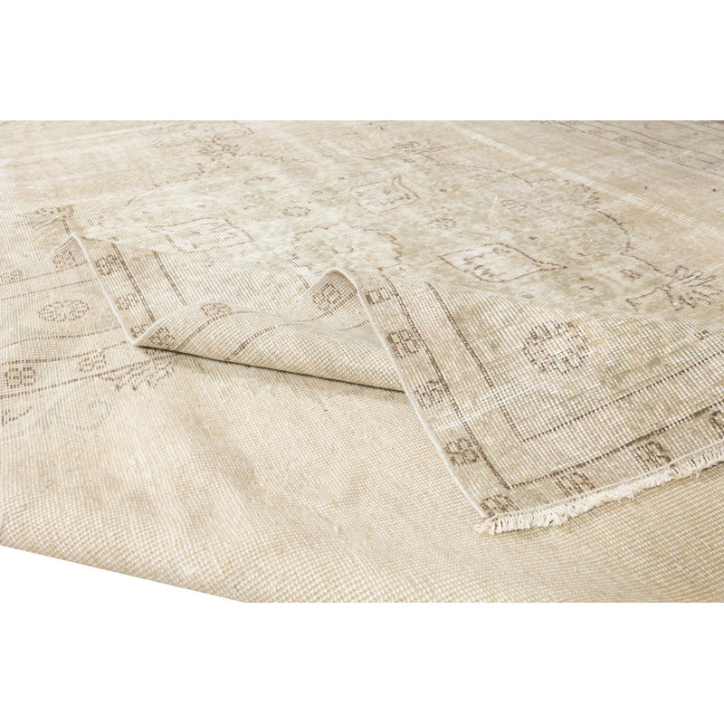 Tapis turc Oushak vintage en laine fait à la main beige et vert délavé