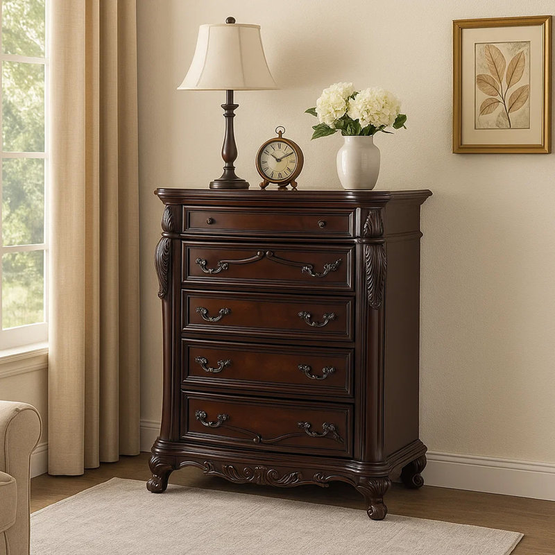 Venta Tall Dresser Chest, 5 Drawers, Carved Details Cherry Brown Solid Wood