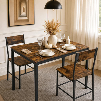 Ensemble de table de salle à manger 35 x 24 x 30 po et 2 chaises, plateau de table en bois d'ingénierie à structure métallique, ensemble de salle à manger de cuisine compacte pour 4 personnes pour appartement et coin-repas, noir et brun
