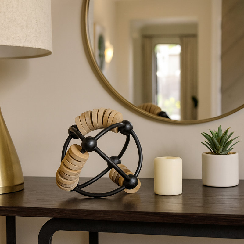 Darrah Unique Sculptural Sphere with Abacus-Like Atomic Design - Perfect for Kitchen and Home Decor or Curated Decorations for Living Room - Stylish Decorative Objects Modern Orb Sculpture - 6", Black & Natural