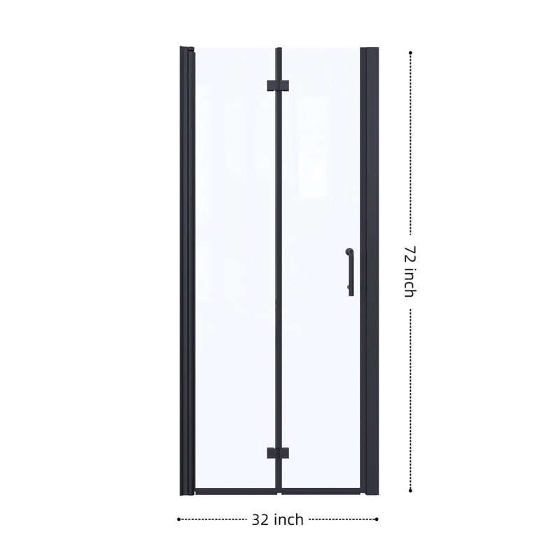 Portes de douche pliantes demi-cadre l 32 po x H 72 po avec verre trempé transparent de 1/4 po (6 mm), noir mat