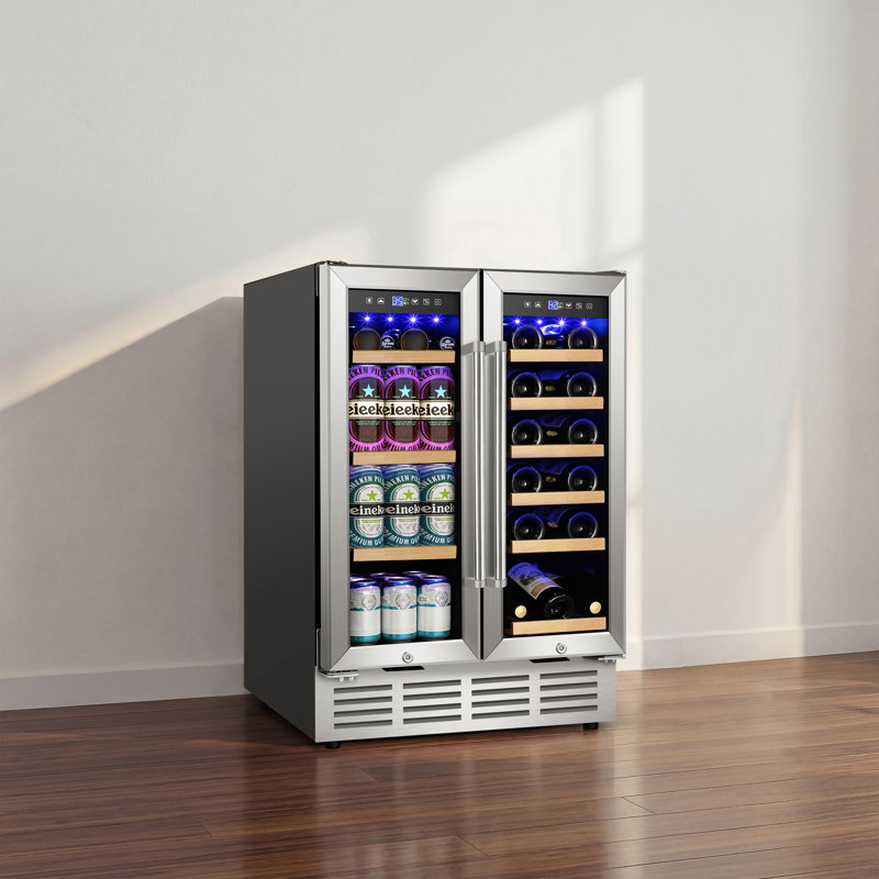 24 Inch Dual Zone Built-In and Freestanding Wine & Beverage Refrigerator - 18 Bottle & 57 Can Capacity, Stainless Steel Frame