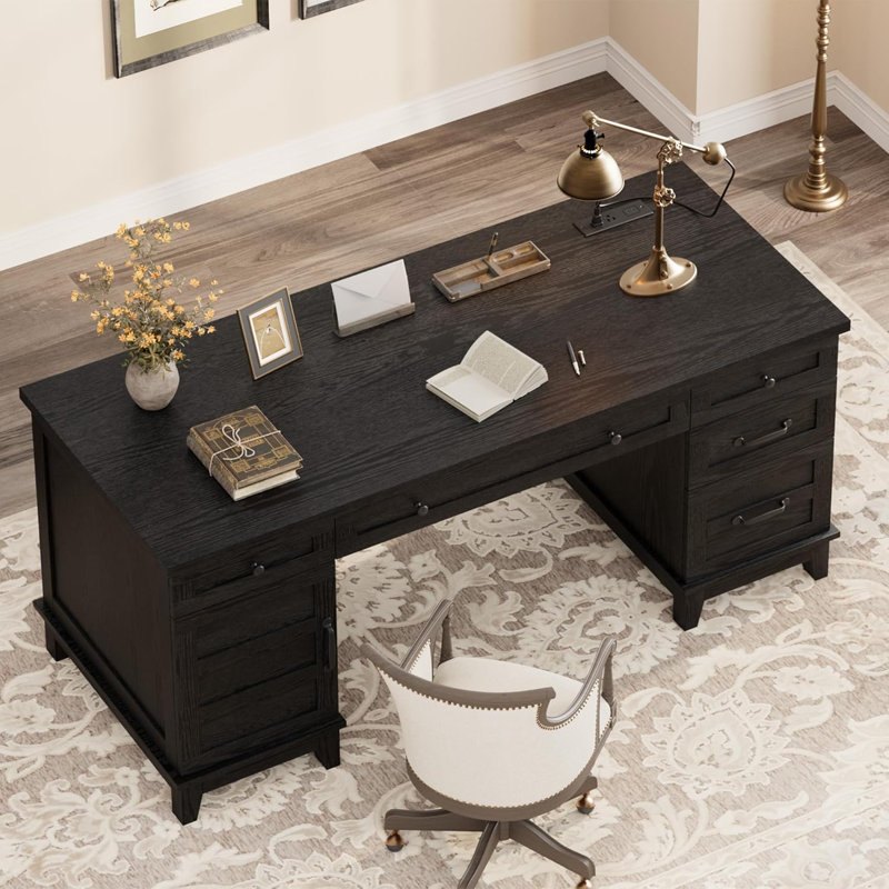 Bureau 60 po en bois avec tiroirs classeurs, bureau de direction avec armoire réglable, Noir / Noir