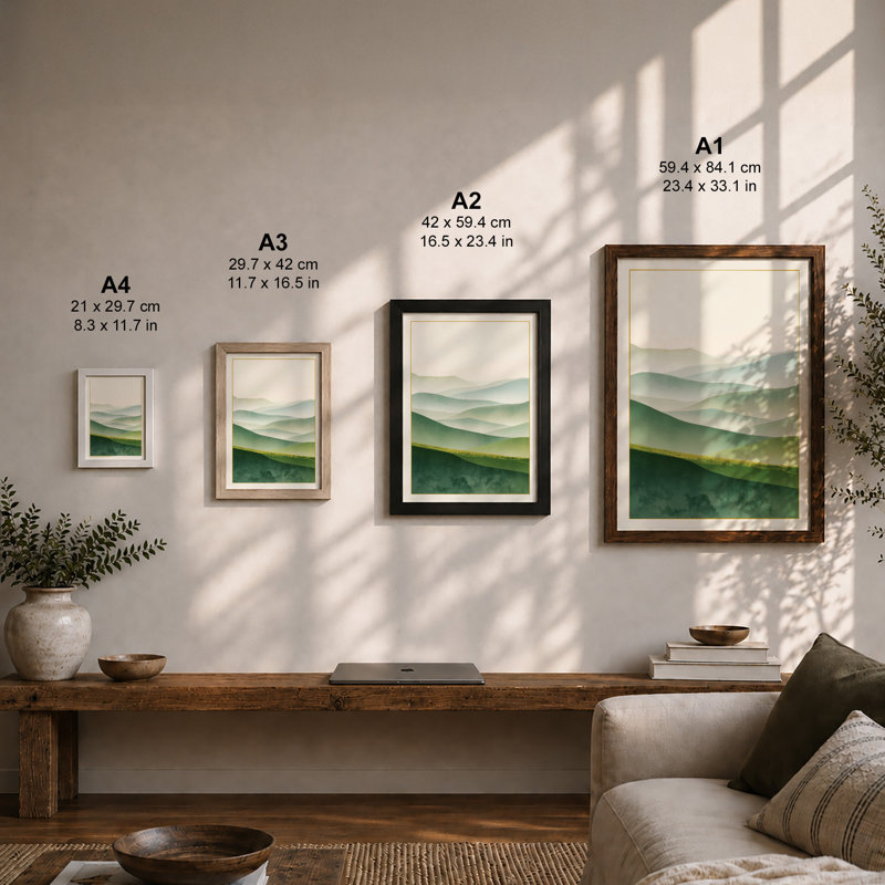 Misty Layered Hills Scandinavian - Framed Print, Unframed, A4 - 29.7 x 21.0 cm