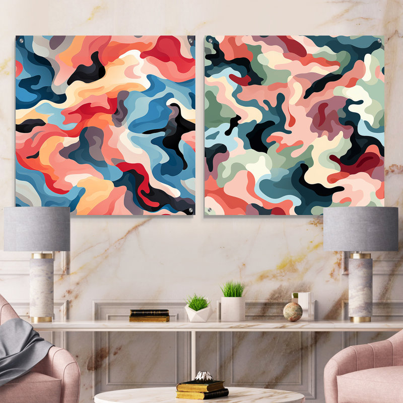 «Camo» à la mode rose - ensemble abstrait d'art mural en acrylique sur verre, H 16 po x l 33 po