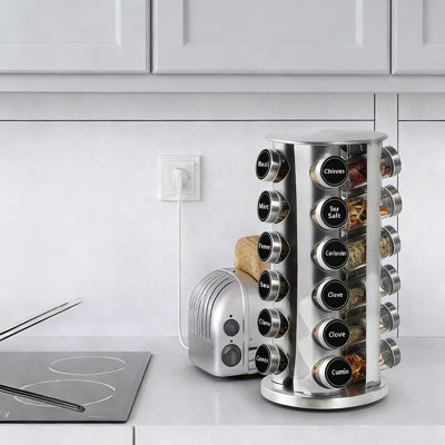 360-Degree Revolving Spice Rack Organizer With 20 Glass Jars, Stainless Steel Spice Carousel For Kitchen Countertop, Includes Labels And Marker