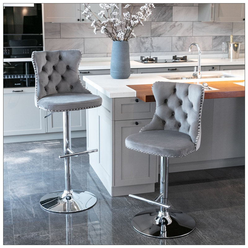 2PCS Velvet Swivel Tufted Back Barstools With Metal Silver Base, Gray