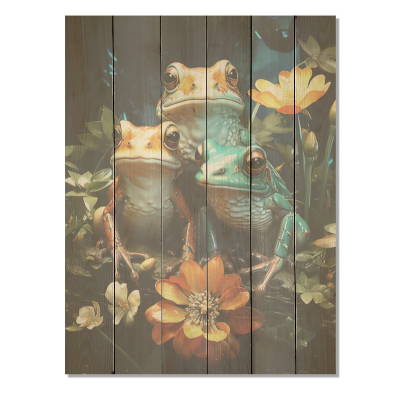 «Emerald Pond Harmony - Frogs & Toads», art mural sur bois de pin naturel, H 20 po x l 10 po