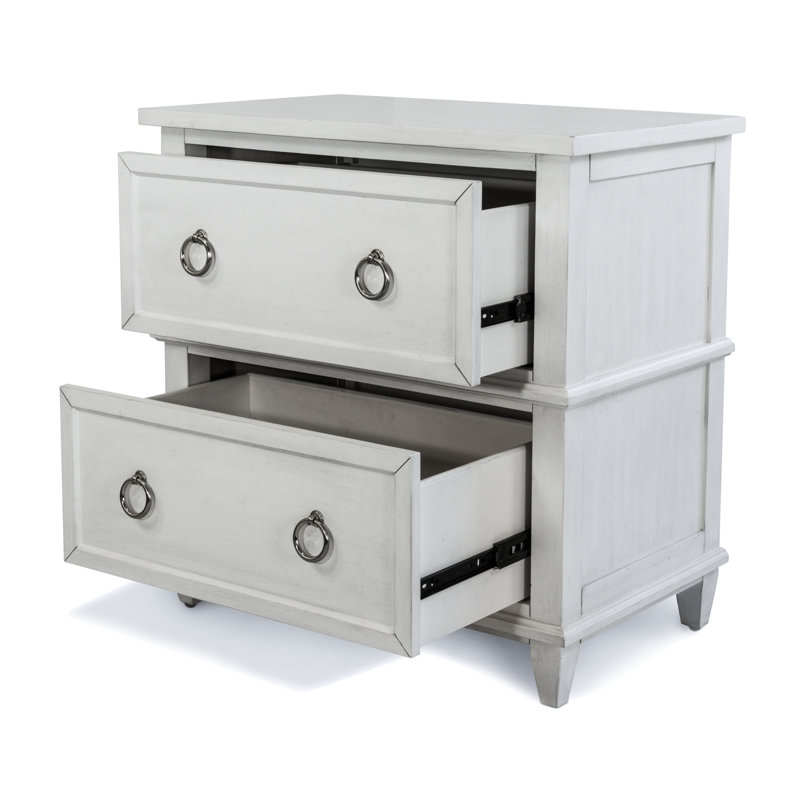 Point Breeze - Table de chevet 2 tiroirs avec multiprise, port USB-A et USB-C - Blanc frais avec finition glacis gris doux