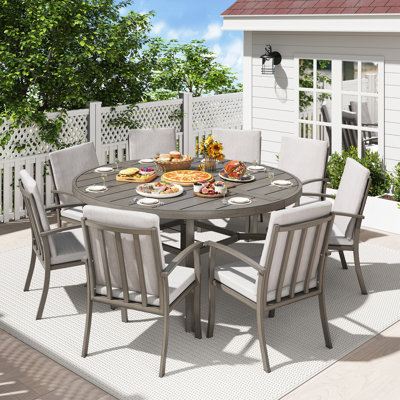 Moffett 9-Piece Grey Aluminum Patio Dining Set With Round Table And Washable Light Grey Cushions