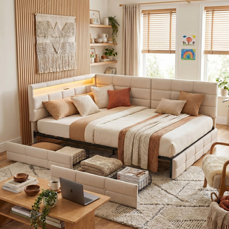 EU Single & Double Linen Daybed with LED & USB Charging, L-Shaped Headboard & Side Drawers, Beige/Grey, 90/140x200cm, Beige