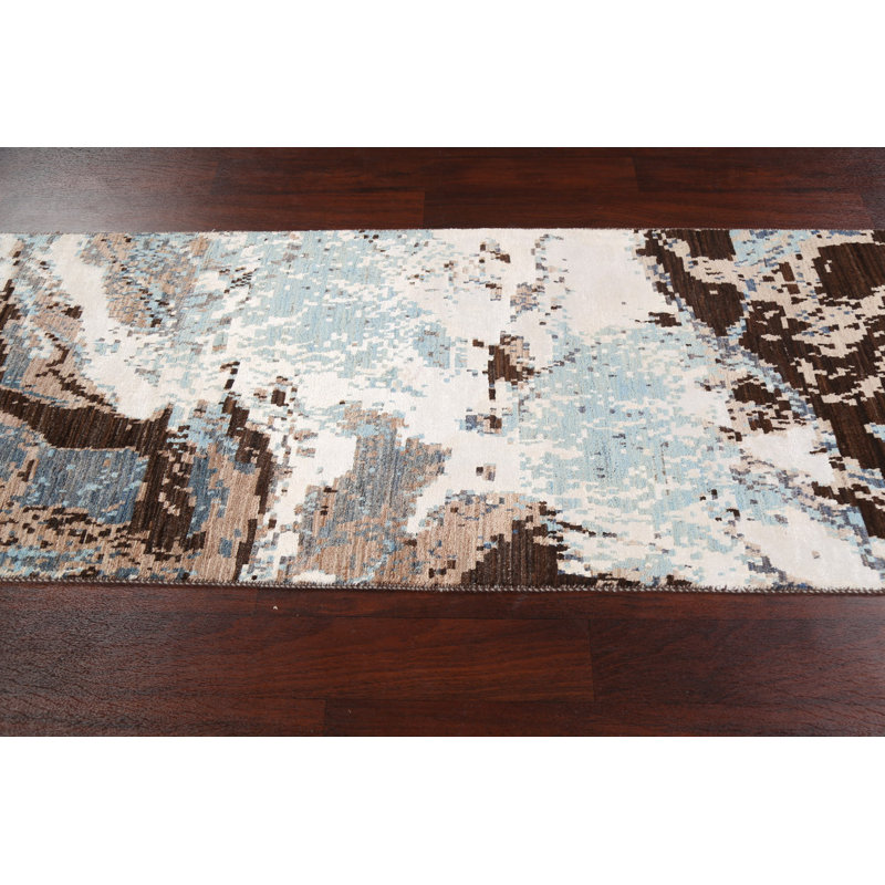 Tapis de couloir unique noué à la main 2 pi 8 po x 9 pi 11 po nouvel âge en bleu / beige / brun