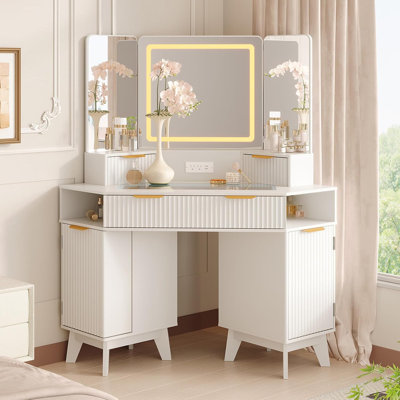 48" Corner Fluted  Makeup Vanity Desk w/ 3-Panel Lighted Mirror & Charging Station - Fluted Glass Top Makeup Desk w/Drawers for Bedroom