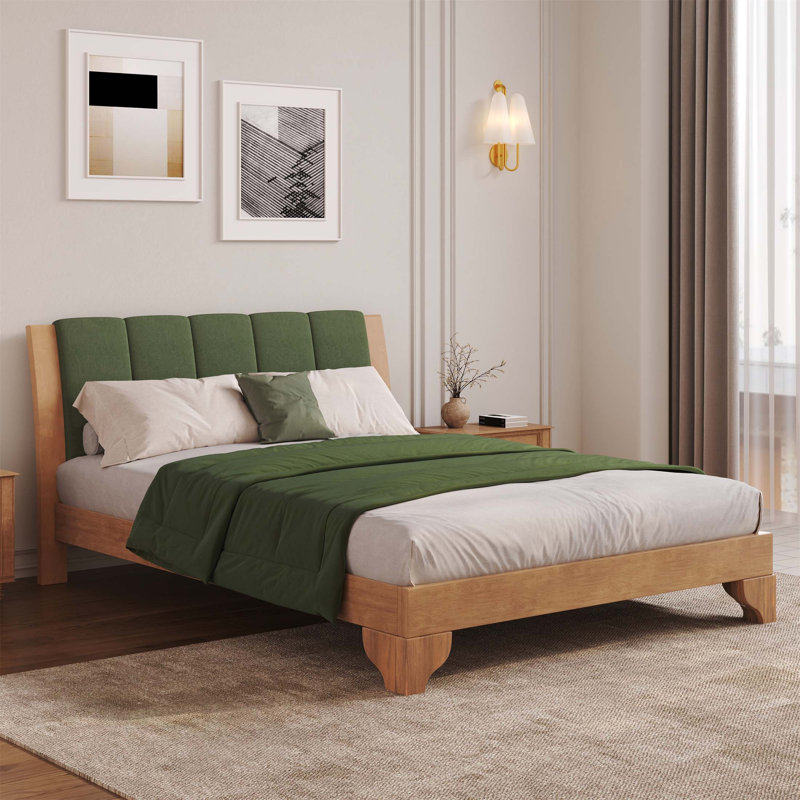 Structure de lit en pin avec tête de lit, design Mid-Century moderne pour le confort et le style, Grand lit, Vert / Naturel