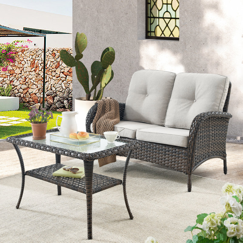 Esquer Brown Rattan Patio Loveseat with Cushions, Beige
