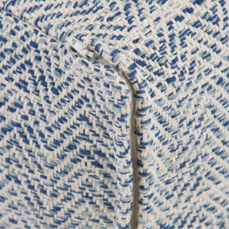 Square Pouf Ottoman in Herringbone Woven Fabric, Light Blue