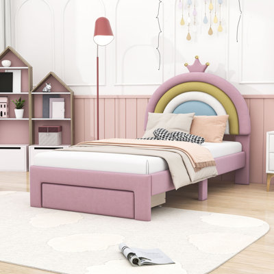 Upholstered Platform Bed with Storage Drawer and Rainbow Design Headboard