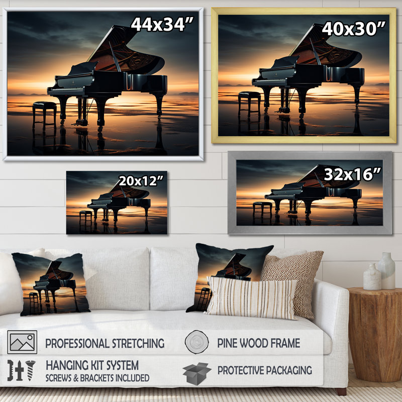 Piano Symphony In Silhouette I - Music Piano, art mural, H 34 po x l 44 po x P 1,5 po, Cadre flottant noir