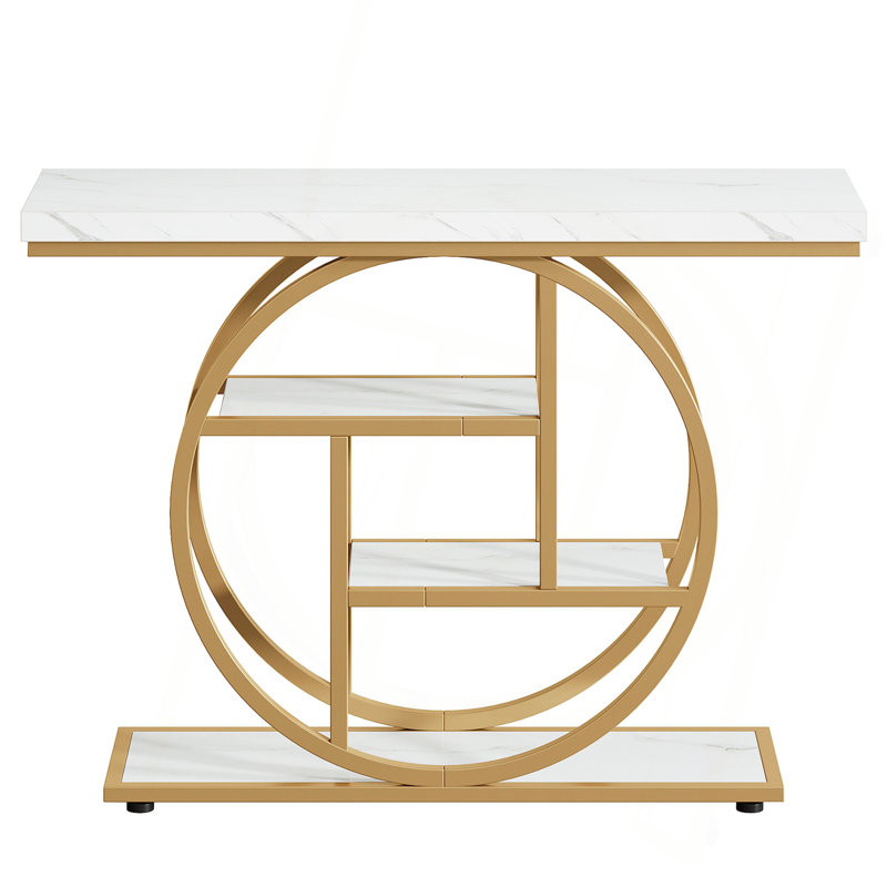 41.3" Industrial Console Table, 4-Tier Sofa Entryway Table With Circle Base, Modern Narrow Accent Table With Storage For Living Room, Hallway, Foyer, White & Gold Finish