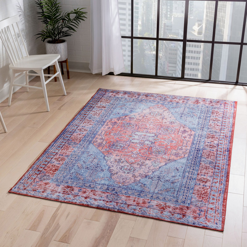 Blue Red Medallion Chenille Flat-Weave 7'7" x 9'6" Area Rug
