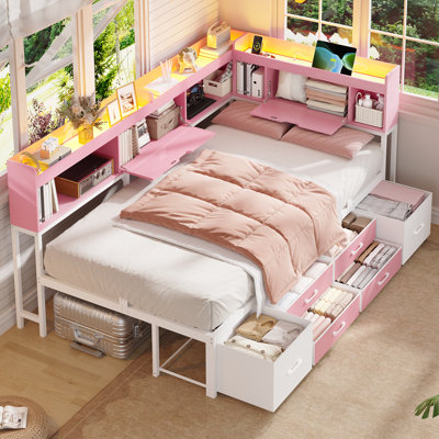 Corner Bed Frame with 6 Drawers and Storage Bookcase Daybed with Charging Station and LED Lights