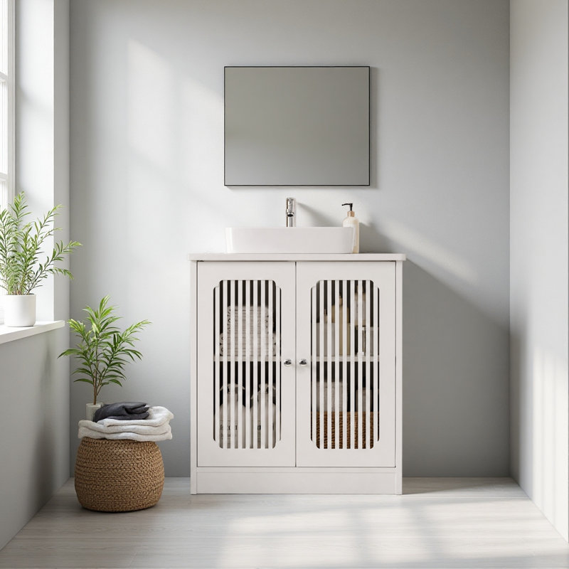 Armoire de lavabo sans lavabo, meuble-lavabo à double porte à persiennes et armoire de rangement sur pied.