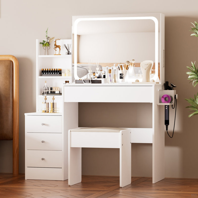 Table de coiffeuse avec miroir éclairé à DEL avec prise de courant et étagère pour sèche-cheveux, avec 4 tiroirs et tabouret rembourré, luminosité réglable en 3 modes d'éclairage, table de rangement, l 43,3 po x l 15,7 po x H 55,4 po