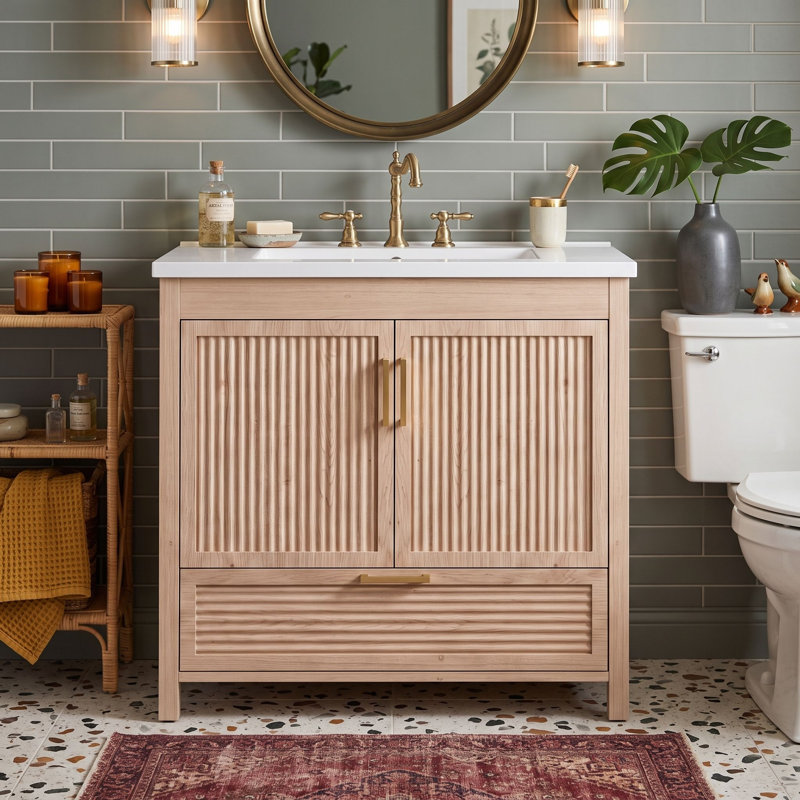 Freestanding Standard Free Standing Single Double Single Vanity Bathroom Vanity With Resin Top, Wood