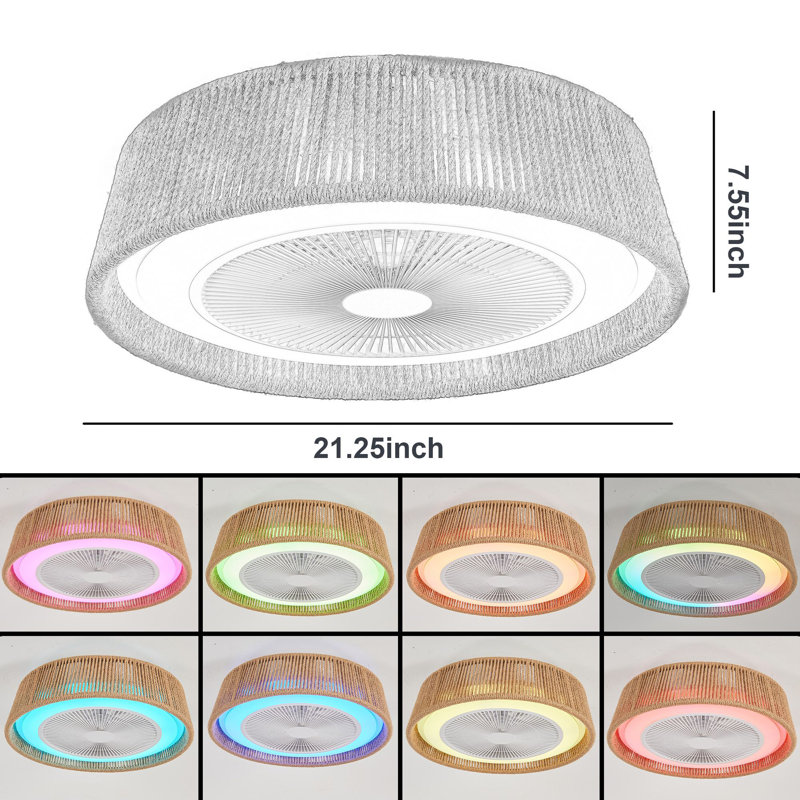21.25 inch Flush Mount Ceiling Fan with Light and Remote Control Modern Woven Fandelier  APP  3-Color RGB Lighting for Bedroom  Living Room