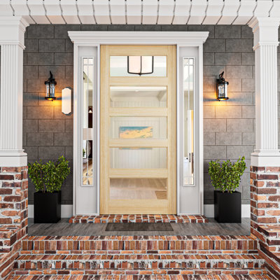 36 x 80 Inch Pine Wood Front Door Slab with 5 Lite Clear Double Glazed Glass Slab Only