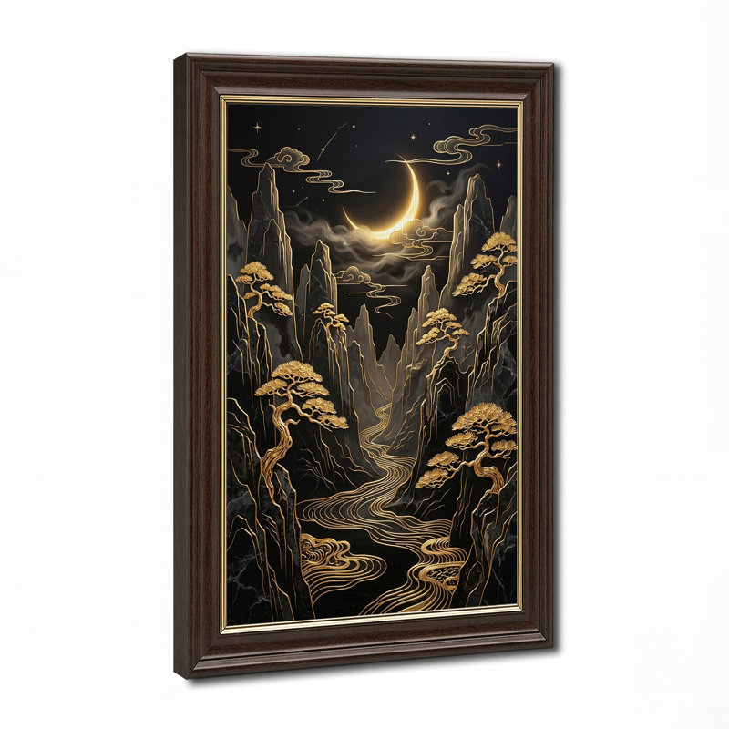 «Golden Mountains and Pine Trees Under Crescent Moon», art mural sur toile, H 18 po x l 12 po