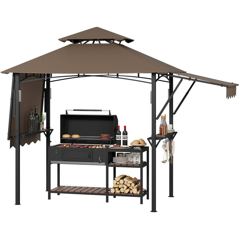 8 Ft. x 5 Ft. Grill Gazebo with Adjustable Dual Side Awnings, Double-Tier BBQ Canopy with Shelves, Hooks and Steel Frame for Backyard or Patio