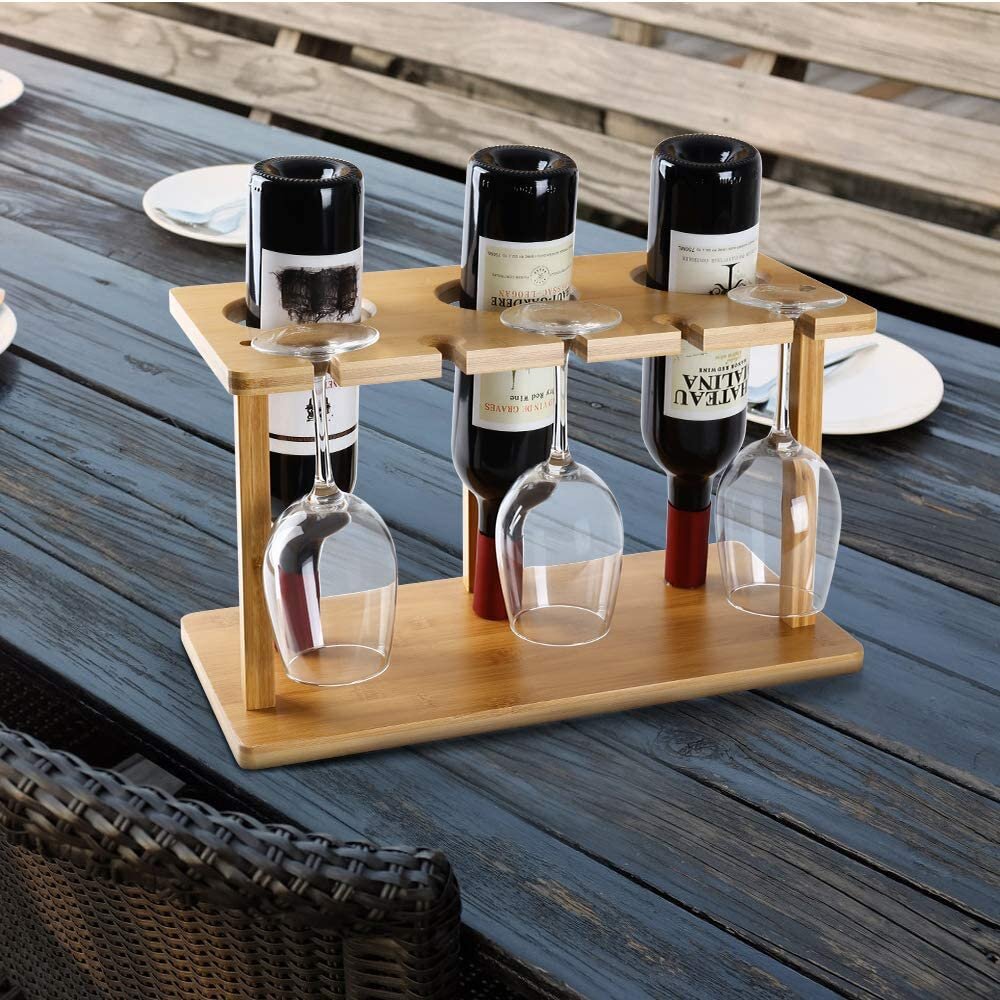 Amyna 3 Bottle Solid Wood Tabletop Wine Bottle & Glass Rack in Brown Ebern Designs