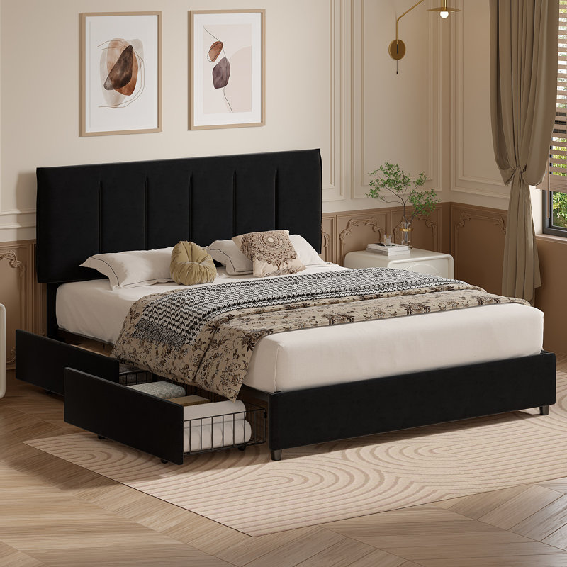 Lit plateforme tapissier avec rangement Cahlin, Double, Gris foncé