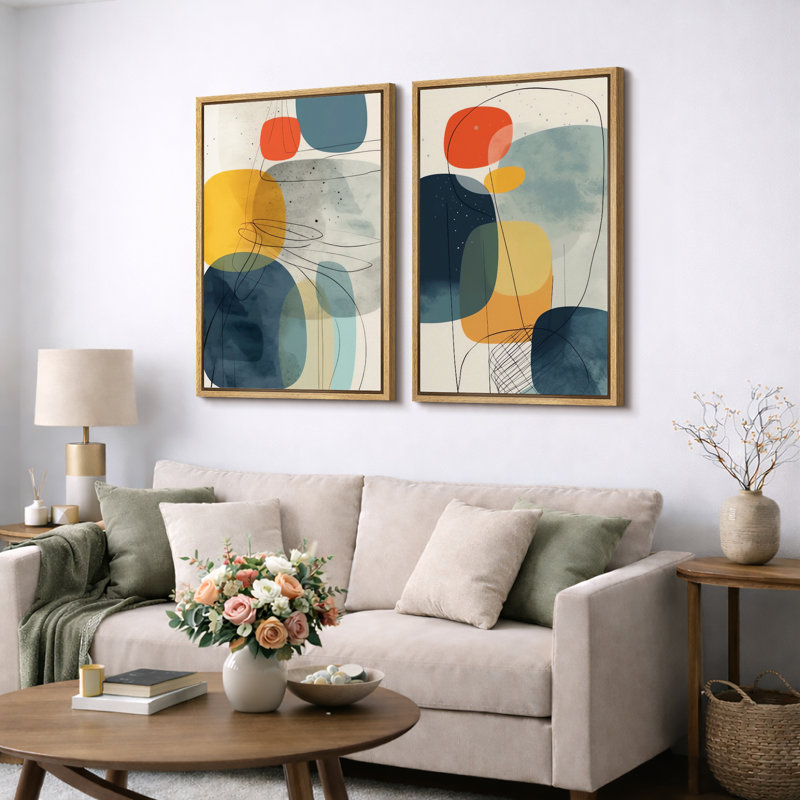 Mid Century Shape "Vibrant Blue & Yellow & Orange Polygon Artwork, Modern Abstract Geometric Wall Pictures, Framed Canvas Giclee Print 2 Pieces Wall Art Set" 16x24x2 pcs, 24x36x2 pcs