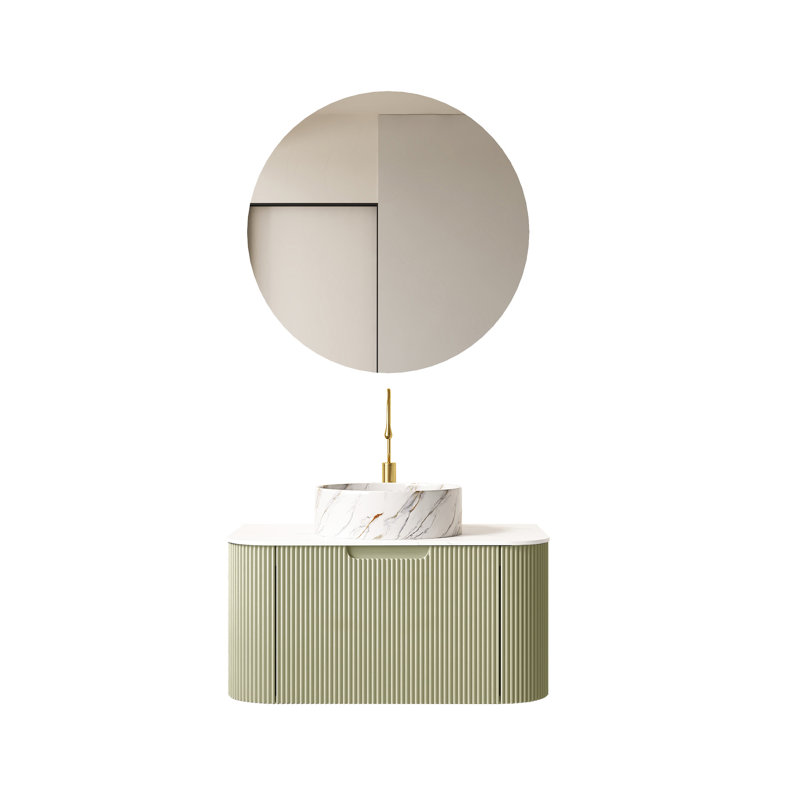 Meuble-lavabo mural de 30 po avec lavabo rond en pierre blanche, tiroir rayé 3D, pré-assemblé, armoire à tiroirs, lavabo, fonctionnement stable