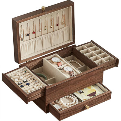 Wooden Jewelry Box - 3-Tier Organizer With Multi-Functional Drawers For Necklaces, Rings, Watches, Earrings - Premium Walnut Jewelry Storage Box - Ideal Gift