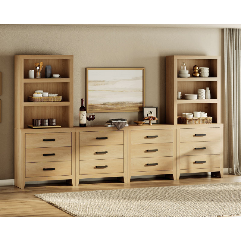 Modular Kitchen Pantry With 12-Drawer Cabinets, 74.2" Tall Wood Open Storage Cupboard, Farmhouse Pantry Cabinet With Adjustable Shelf For Dining Room,Living Room, Oak