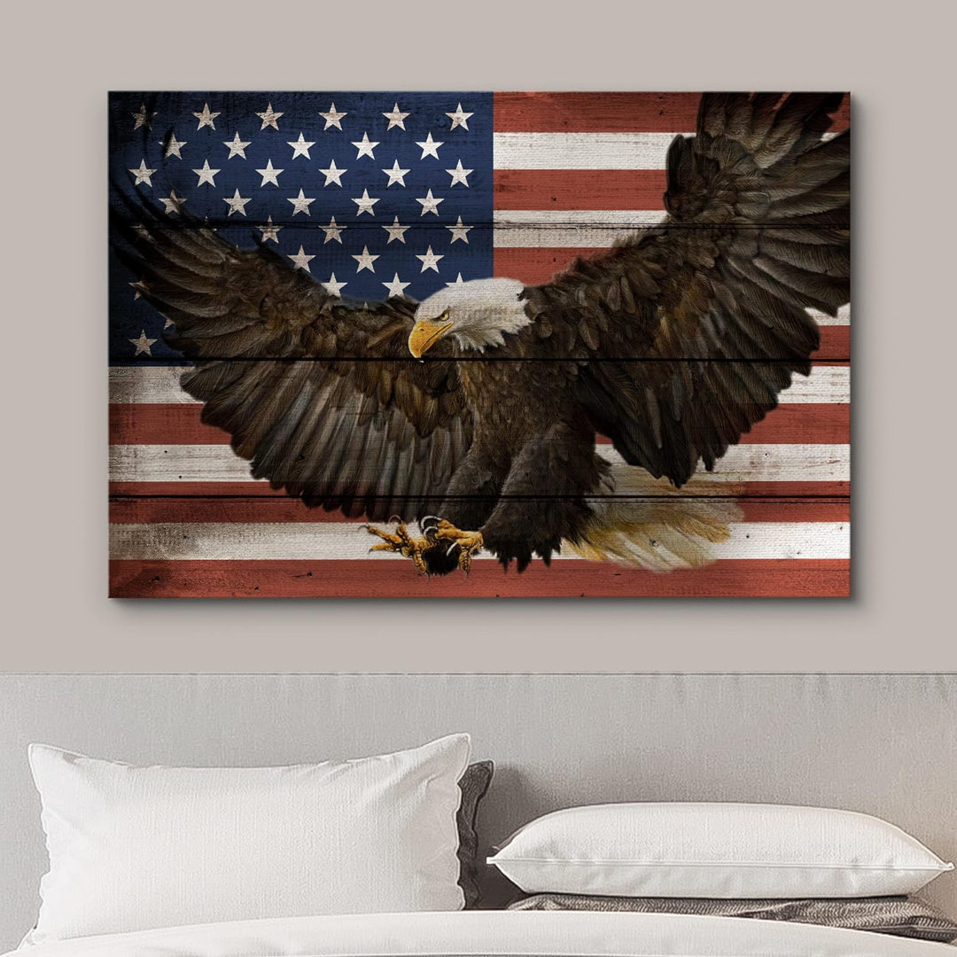 Country Flag " Wood Panel Effect Flying Bald Eagle American Flag Stars " IDEA4WALL 