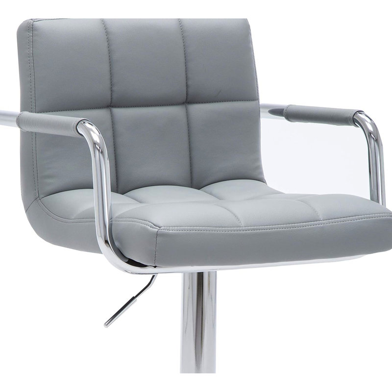 Adjustable Height Swivel Arm Bar Stool With Gray Cushion, 360 Rotation, Footrest And Contemporary Swivel, 24" - 33" Height, Comfortable Padded Back Seat