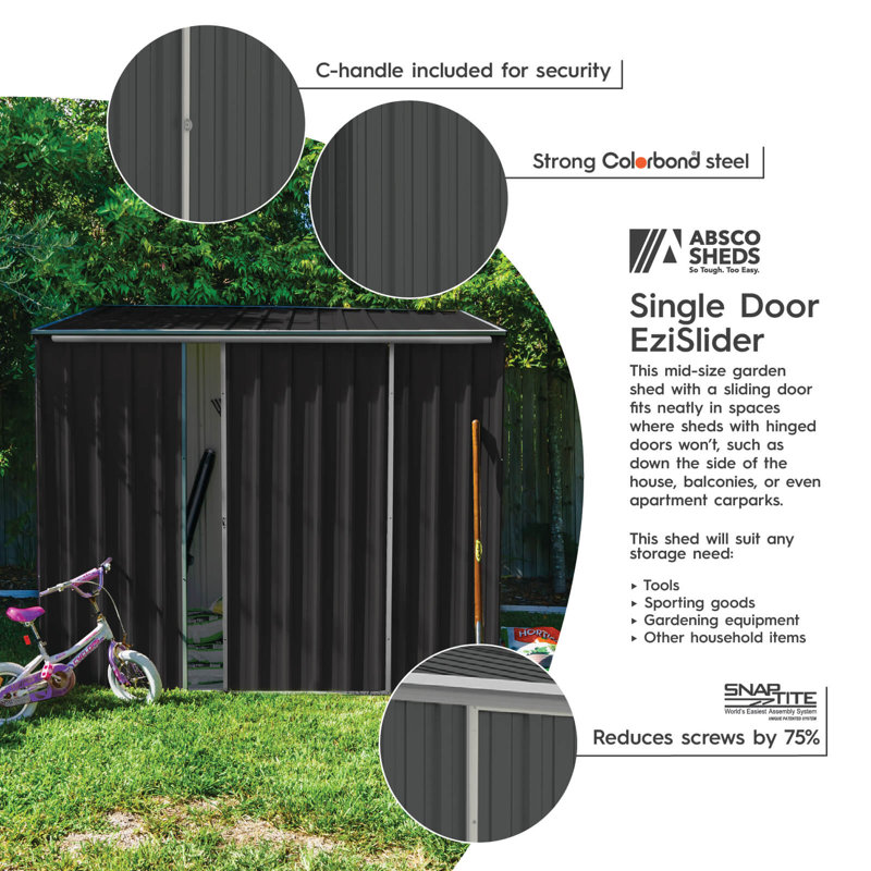 Absco EZI Slider 5' W x 7' D Metal Galvanized Steel Weather Resistant Storage Shed Monument Gray, Monument